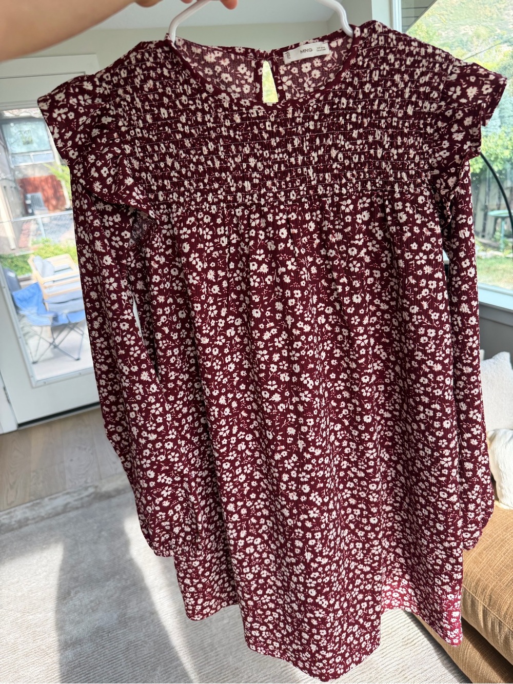Mango Burgundy and White Floral Smocked Yoke Dress